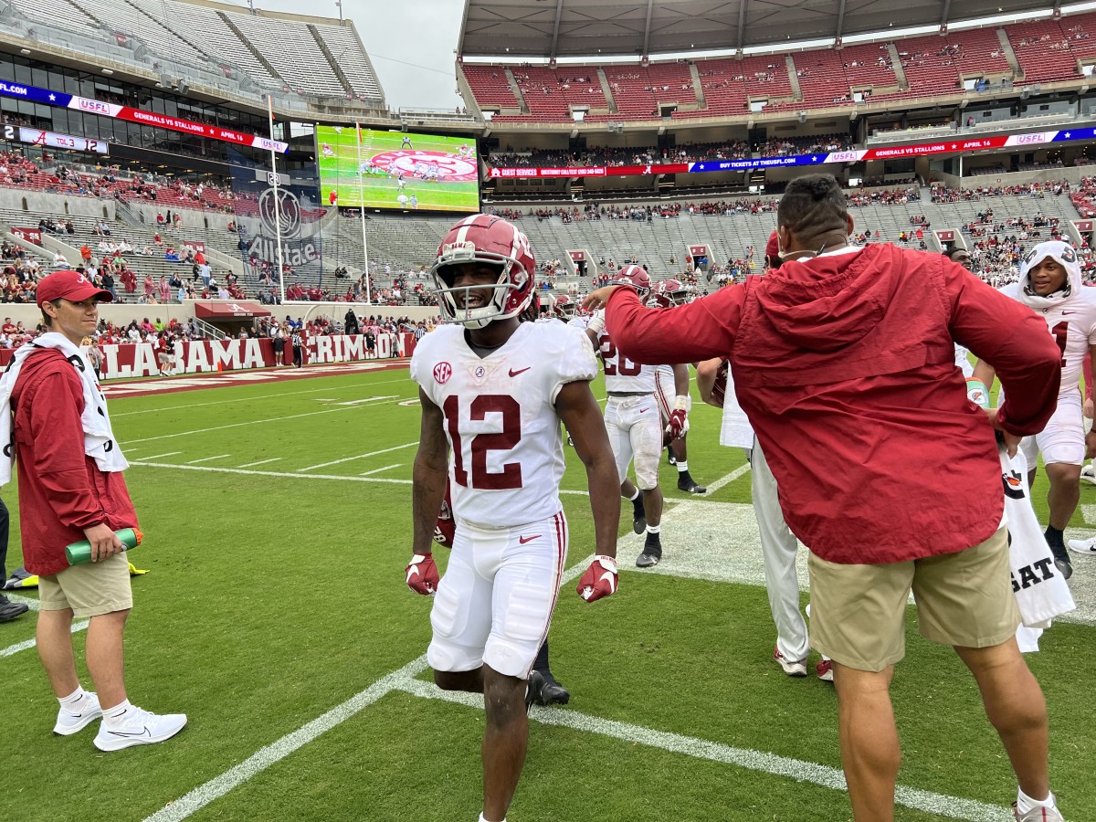 Christian Leary celebrates touchdown in 2022 A-Day game